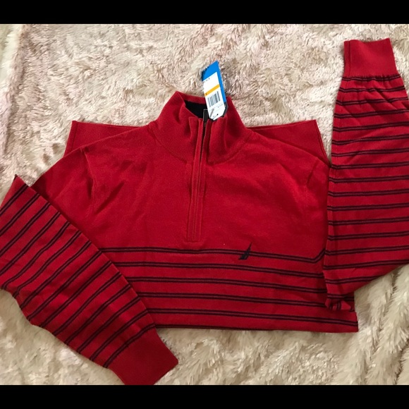 NWT Nautica Red striped Quarte Zip Sweater - Picture 2 of 5